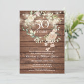 Rustieke houten slingerlichtjes bloem 50ste verjaa kaart (Staand voorkant)