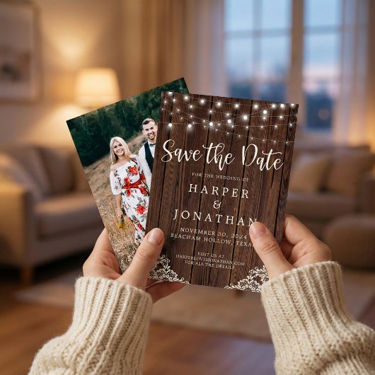 Rustieke houten slingerlichtjes trouw save the dat date