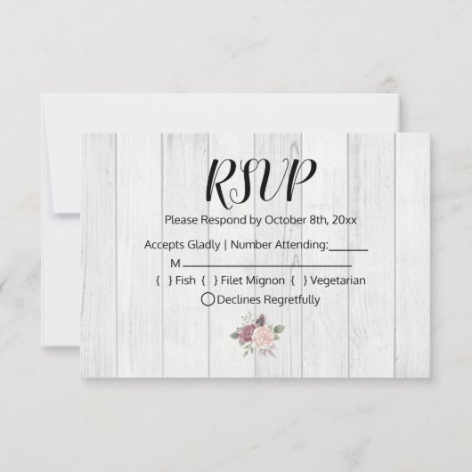 Rustieke houten stoffige roos waterverf bloem RSVP kaartje (Achterkant)