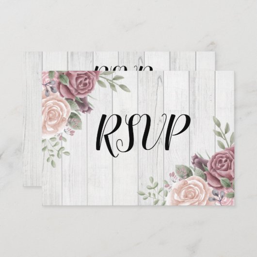 Rustieke houten stoffige roos waterverf bloem RSVP kaartje (Voorkant / Achterkant)