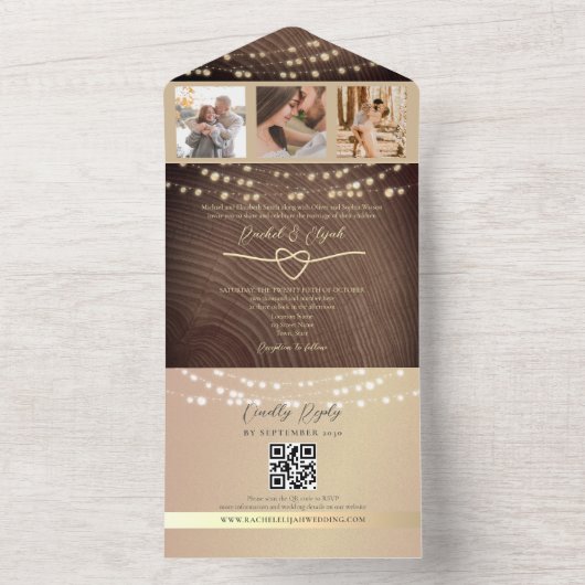 Rustieke Houten Strijklichten Huwelijk QR Code All In One Uitnodiging (Binnen)