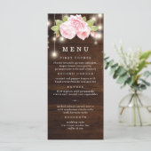 Rustieke Houten Strijklichten Rozen Bruiloft Menu (Staand voorkant)