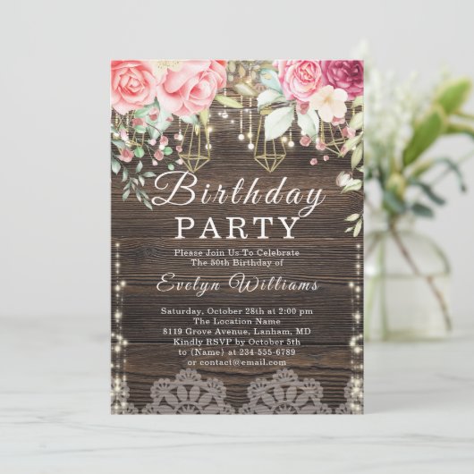 Rustieke Houten string licht Bloemen Verjaardag Kaart (Staand voorkant)