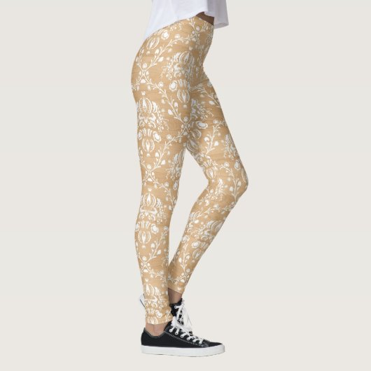 Rustieke houten textuur met witte Damask Pattern Leggings (Rechts)