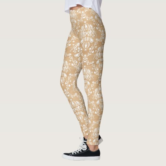 Rustieke houten textuur met witte Damask Pattern Leggings (Links)
