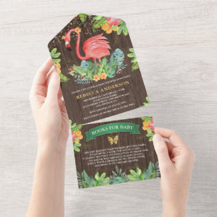 Rustieke Houten Tropische Schattige Flamingo Baby  All In One Uitnodiging