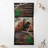 Rustieke Houten Varen Groen String Lights Bruiloft Drieluik Uitnodiging (Binnen)
