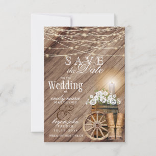 Rustieke houten vat- en strijklichten save the date