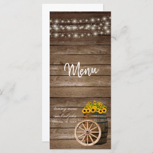Rustieke houten vat en zonnebloem bruiloft - Menu (Voorkant / Achterkant)