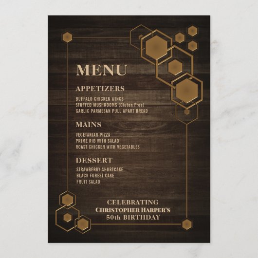 Rustieke houten verjaardagsmenu met geometrisch fr menu (Voorkant)