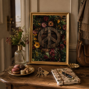 Rustieke houten vredesteken met wilde bloemen poster