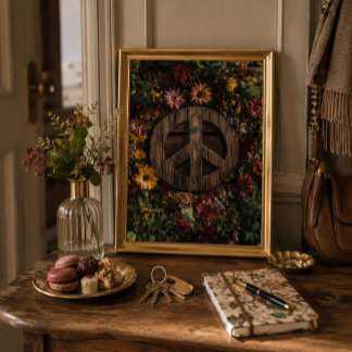Rustieke houten vredesteken met wilde bloemen poster
