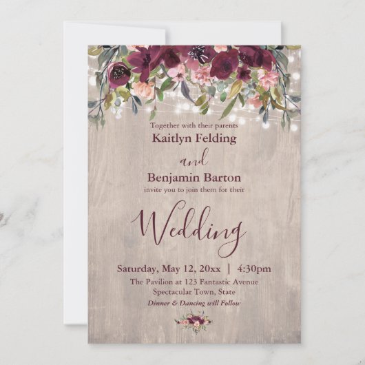 Rustieke Houten Waterverf Bloem Lichtjes Bruiloft Kaart (Voorkant)