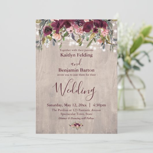 Rustieke Houten Waterverf Bloem Lichtjes Bruiloft Kaart (Staand voorkant)
