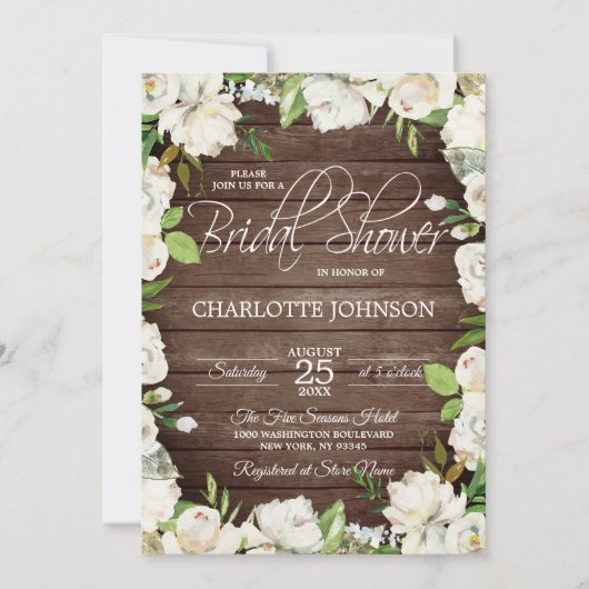 Rustieke Houten Waterverf Witte Bloem Bruidsdiner Kaart (Voorkant)