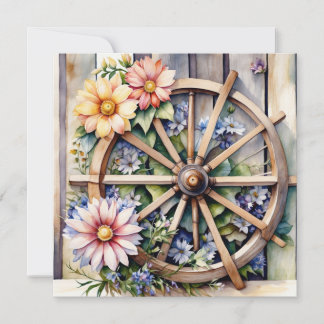 Rustieke Houten Wiel met Bloemen  Kaart