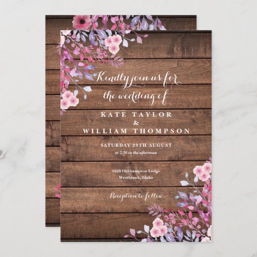 Rustieke Houten Wilde Bloemen Bloemige Bruiloft Kaart (Voorkant / Achterkant)