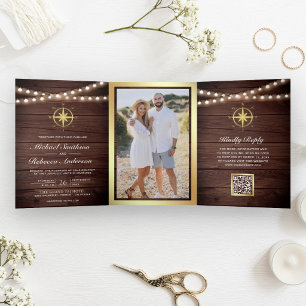 Rustieke Houten Zeevaart Gouden Kompas QR Code Bru Drieluik Uitnodiging