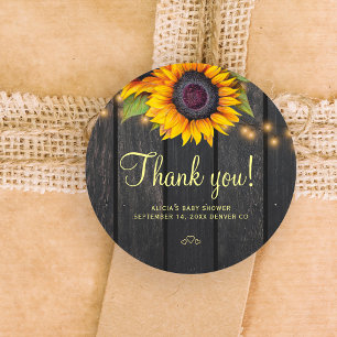 Rustieke houten zonnebloem babyshower bedankje ronde sticker