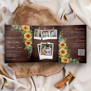 Rustieke Houten Zonnebloemen Eucalyptus QR Code Tr Drieluik Uitnodiging