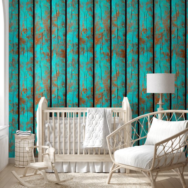 Rustieke houtnerf turquoise bruine landplanken behang (Kinderen)