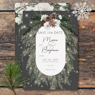 Rustieke houtskool Pine Winter Sparkle bruiloft Save The Date