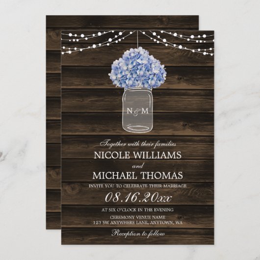 Rustieke Hydrangea Mason Jar Barn Wood Wedding Kaart (Voorkant / Achterkant)