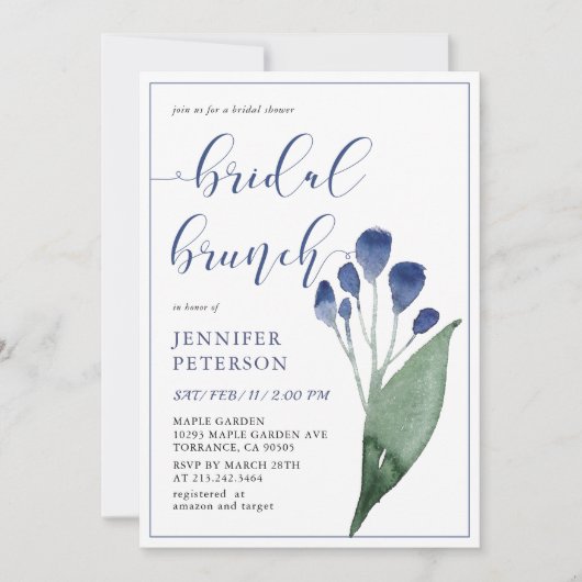 Rustieke Indigo Blauwe Bloem Bruids Brunch Uitnodi Kaart (Voorkant)