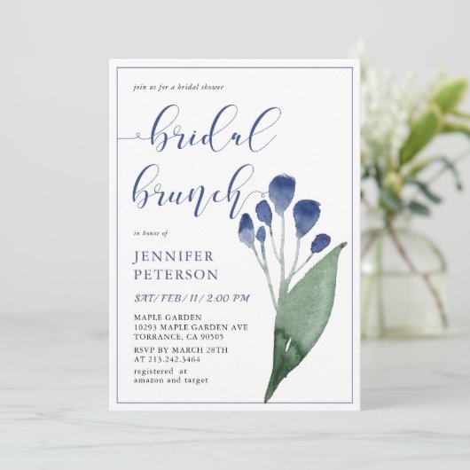Rustieke Indigo Blauwe Bloem Bruids Brunch Uitnodi Kaart (Staand voorkant)