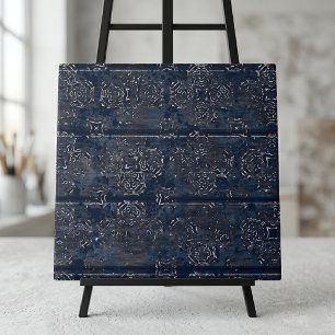 Rustieke Indigo Blauwe Damast op Gekrast Hout Tegeltje