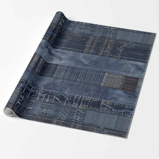 Rustieke Indigo Denim Patchwork Patroon Cadeaupapier (Uitgerold)