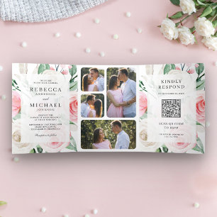 Rustieke Ivoor Blush Roze Bloemencode QR Code Trou Drieluik Uitnodiging