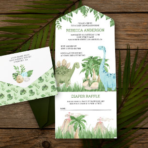 Rustieke Jungle Waterverf Cute Dinosaur Baby Showe All In One Uitnodiging