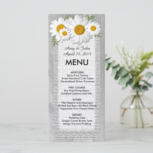 Rustieke jute daisy bruiloft menu daisy2 (Staand voorkant)