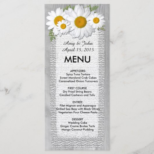 Rustieke jute daisy bruiloft menu daisy2 (Voorkant)