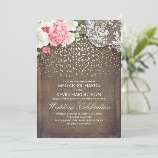 Rustieke jute en roze bloemen Kant goud bruiloft Kaart (Staand voorkant)