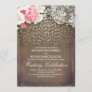 Rustieke jute en roze bloemen Kant goud bruiloft Kaart