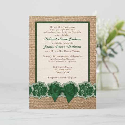 Rustieke jute, GEDRUKTE kant, boog bruiloft uitnod Kaart (Staand voorkant)