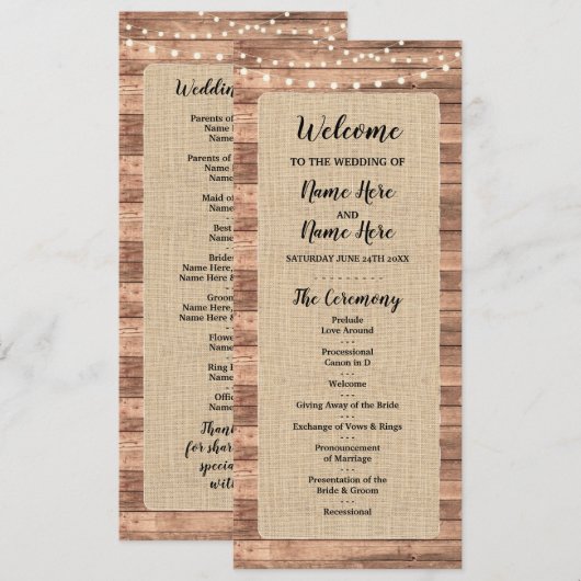 Rustieke Jute Houten Lichtjes Trouwprogramma Programma (Voorkant / Achterkant)