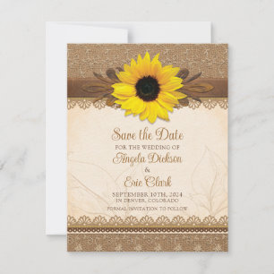 Rustieke jute kant hout zonnebloem bruiloft save the date