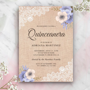 Rustieke Jute Kant Paarse Bloemige Quinceanera Kaart