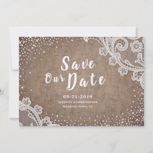 Rustieke jute kant zilver glitters bewaar de datum save the date (Voorkant)