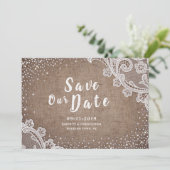 Rustieke jute kant zilver glitters bewaar de datum save the date (Staand voorkant)