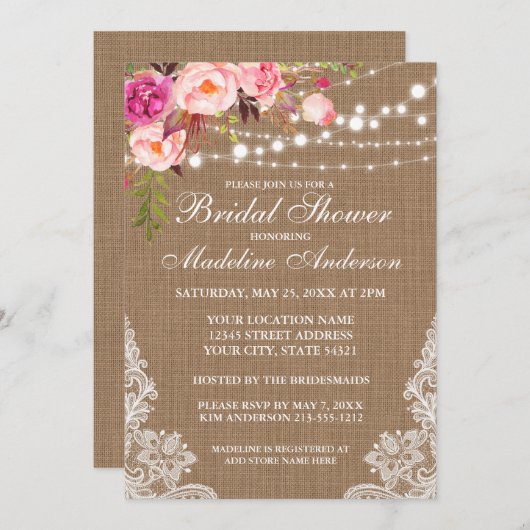 Rustieke Jute Lichten Kant Bloem Bruidsfeest Kaart (Voorkant / Achterkant)