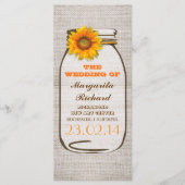 Rustieke jute mason pot zonnebloem bruiloft progra programma (Voorkant)
