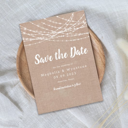 Rustieke jute slingerlichten bruiloft save the dat date