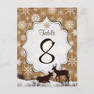 Rustieke jute, sneeuwvlokken, herten tafel nummer briefkaart