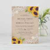  rustieke jute witte kant zonnebloem bruiloft kaart (Staand voorkant)