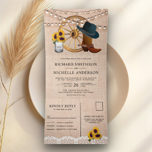 Rustieke Jute Zonnebloemen Cowboy Westerse Bruilof Drieluik Uitnodiging