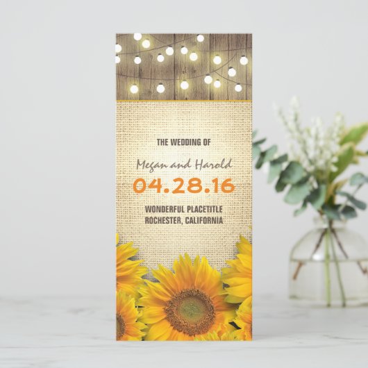 rustieke jute zonnebloemen lichten bruiloft progra programma (Staand voorkant)